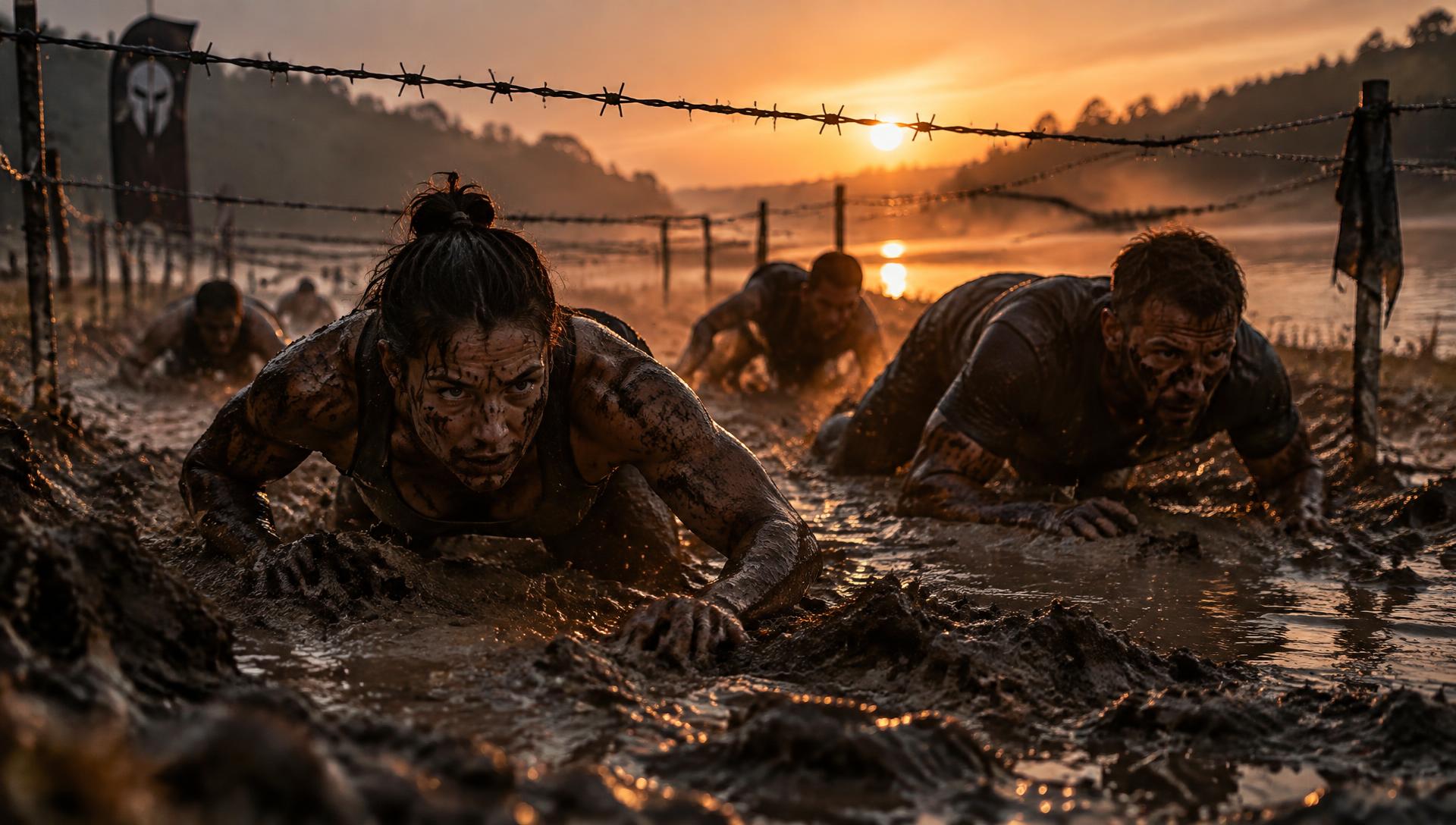 Atleta superando obstáculo de lama durante corrida OCR Radical Race em Viana, Espírito Santo
